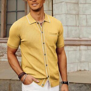 Men's Short Sleeve Full Placket RIVIERA Knit Polo Shirt Piped MOD 60s Yellow